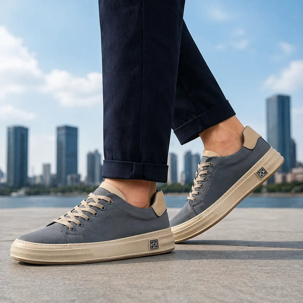 Close-up of a man wearing blue suede trainers with rolled navy trousers against a city skyline
