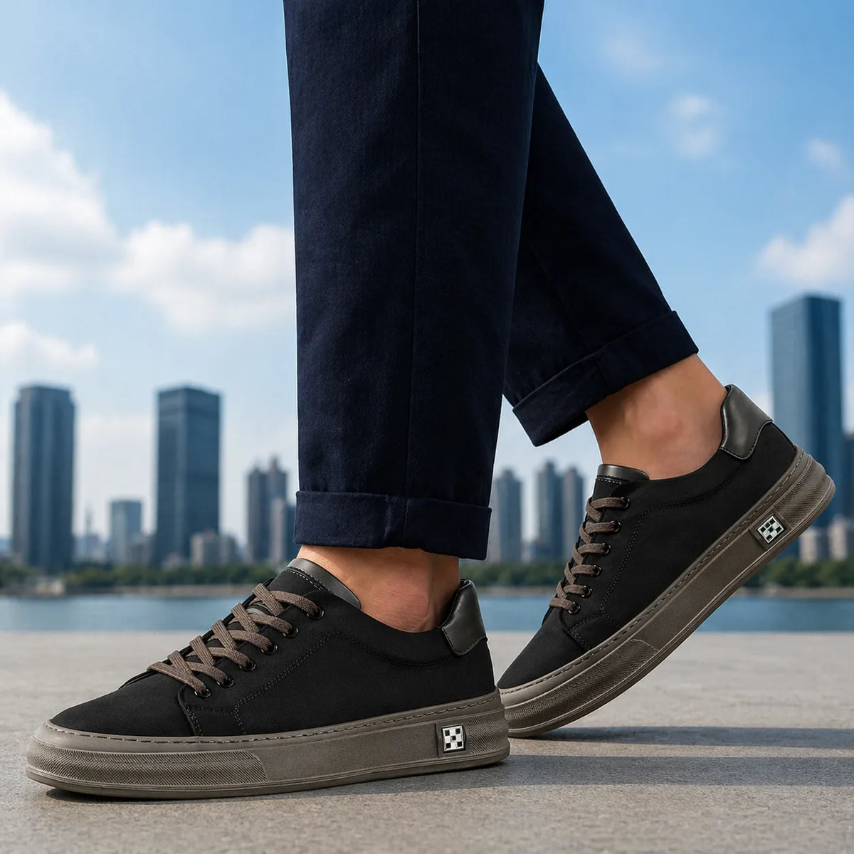 Close-up of a man wearing black suede trainers with rolled navy trousers against a city skyline