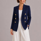 Navy double-breasted blazer with gold buttons, tailored fit shown from the front