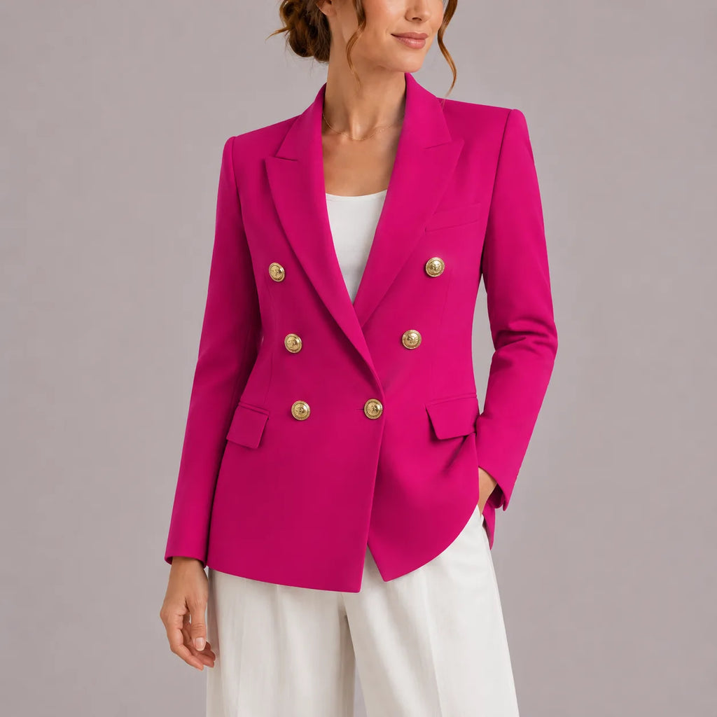 Bright pink double-breasted blazer with gold buttons, front view showing structured tailoring
