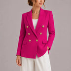 Bright pink double-breasted blazer with gold buttons, front view showing structured tailoring