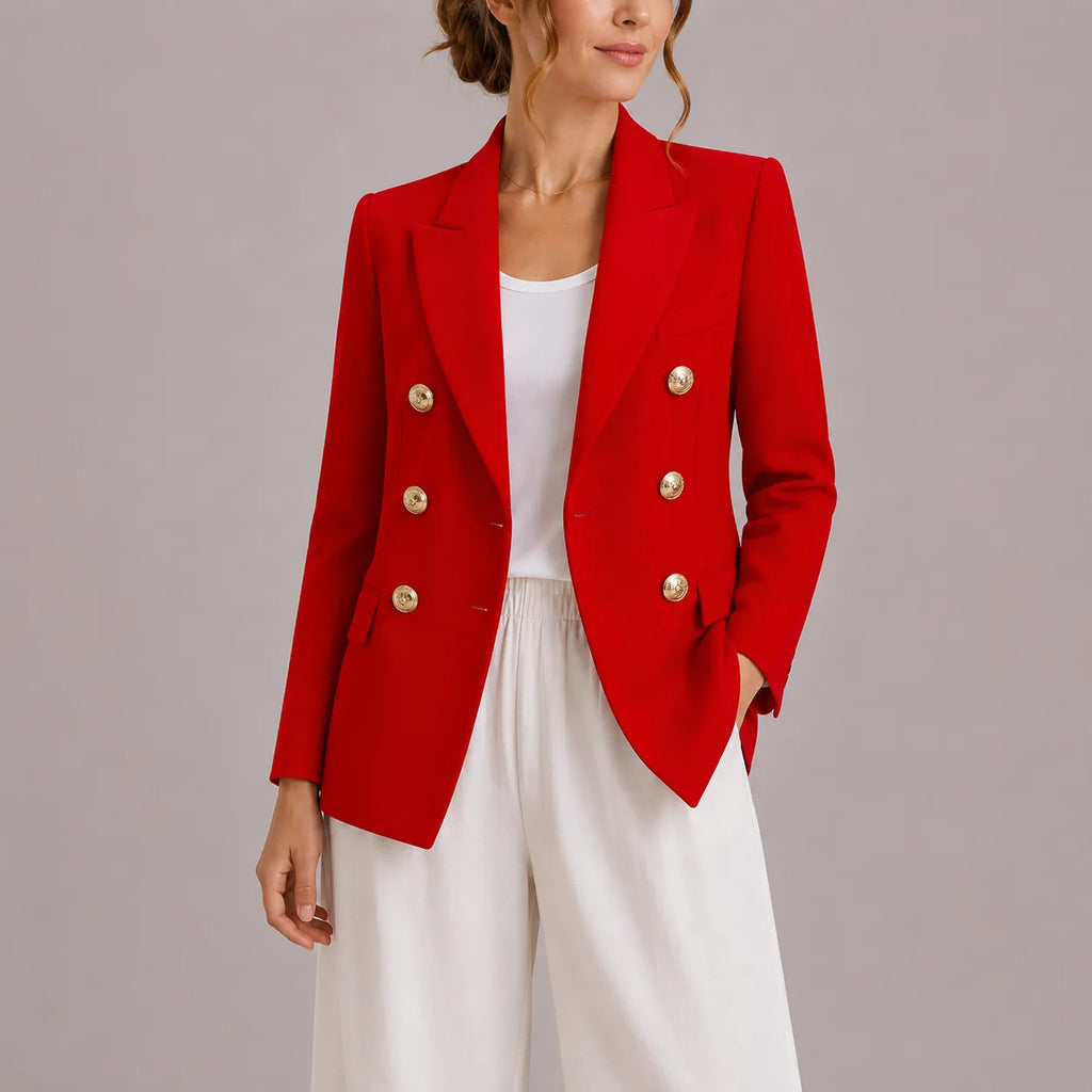 Red double-breasted blazer with gold buttons, front view highlighting peak lapel and fitted waist
