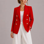 Red double-breasted blazer with gold buttons, front view highlighting peak lapel and fitted waist
