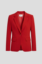 Red tailored blazer with notched lapel, single button and flap pockets, shown flat against a grey background