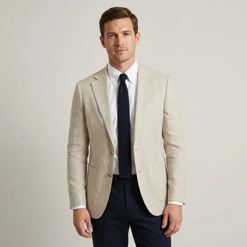 Beige linen-look blazer worn over a white shirt with a knitted navy tie and navy trousers