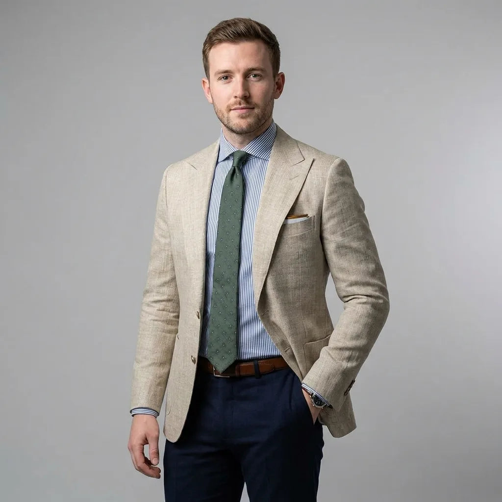 Beige tailored blazer with patch pockets, styled with a striped shirt and green tie over navy trousers
