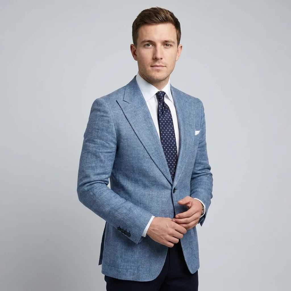 Side-angle view of a light blue tailored blazer showing the peak lapel and sleeve detailing