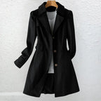 Black tailored trench coat worn open over a grey top, showing notched lapel collar and single-breasted button front