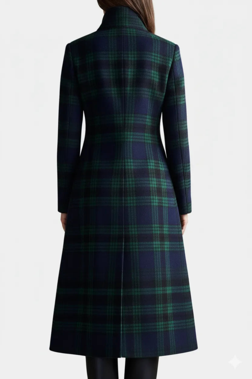Back view showing the fitted waist and flared skirt of the tartan wool-blend coat with centre seam