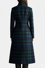 Back view showing the fitted waist and flared skirt of the tartan wool-blend coat with centre seam