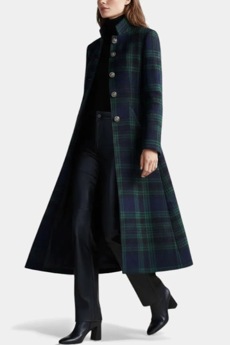 Side view of a woman walking in the full-length checked coat, showing the swishing flared skirt