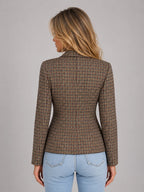 Back view of the taupe checked double-breasted blazer showing tailored fit and fitted waist seaming