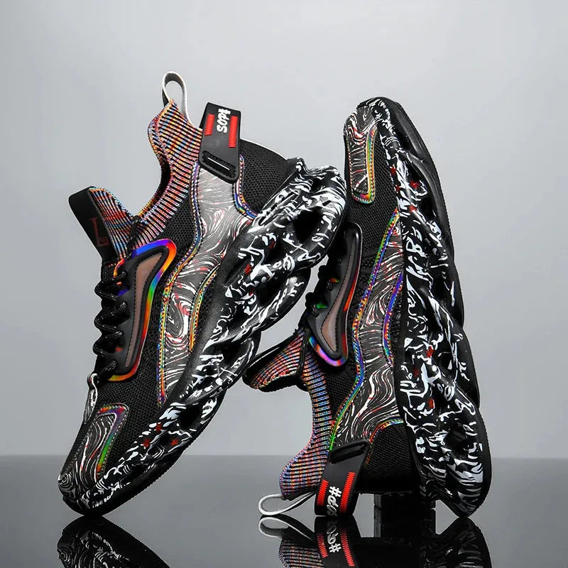Side view of black textured-print trainers with rainbow-striped collar and sculpted, cut-out sole unit