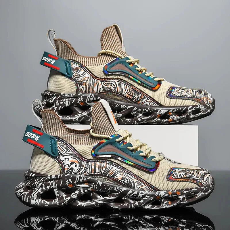 Close-up side profile of a khaki trainer showing the teal holographic overlay and lace-up front