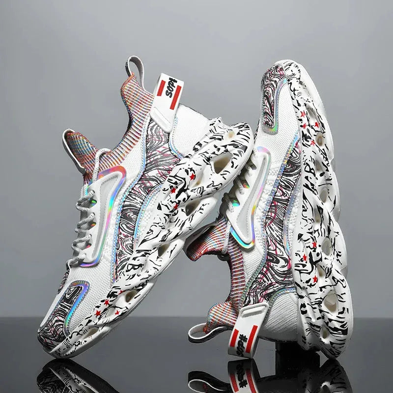 White trainers with black marble-style print and bold red pull tabs, shown as a pair