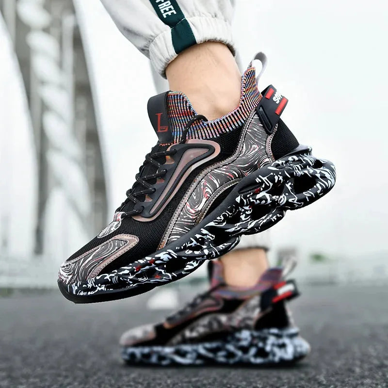 Close-up on-foot shot of the sculpted ajour sole and swirl print while walking outside