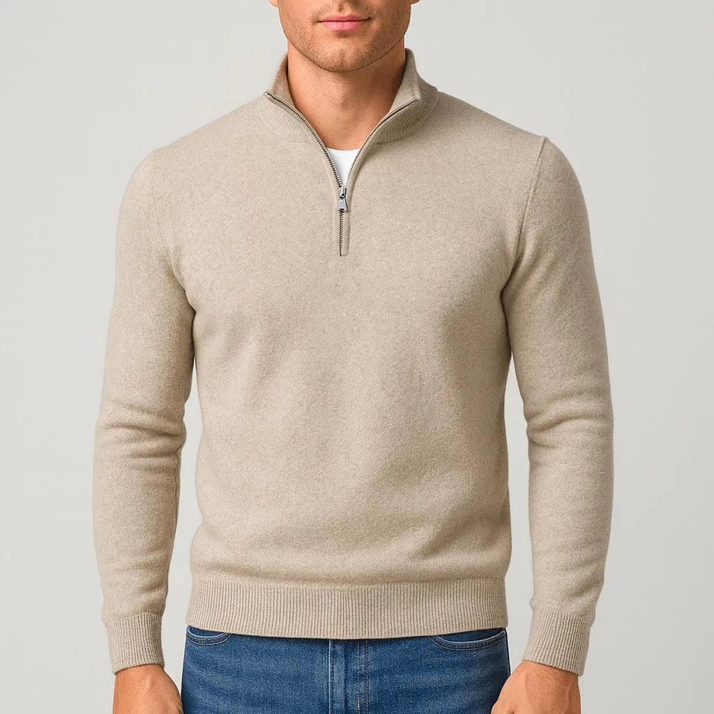 Beige heather quarter-zip jumper with ribbed collar, worn over a white t-shirt and layered for a casual look