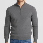 Charcoal grey quarter-zip jumper with textured knit finish, paired with blue denim jeans