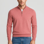 Dusty rose quarter-zip jumper with ribbed trim, worn open at the collar over a white t-shirt