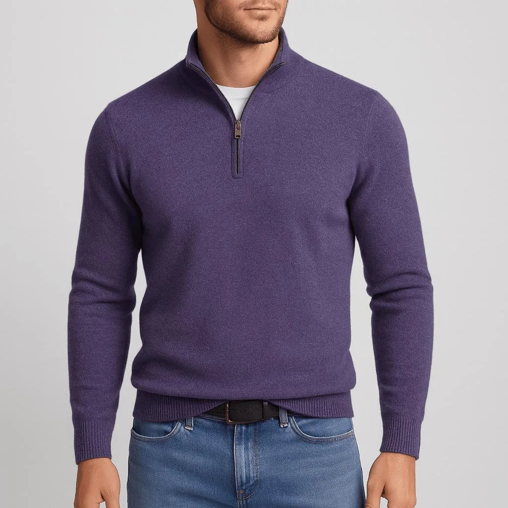 Heather purple quarter-zip jumper with half-zip fastening, paired with blue denim jeans and a belt