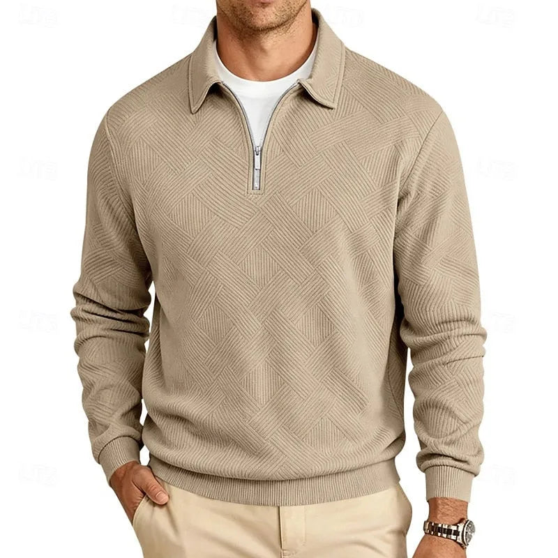 Close-up front angle of the khaki quarter-zip jumper showing the diamond-textured knit and silver zip pull