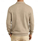 Back view of the khaki textured pullover showing the collar, raglan seams and ribbed hem