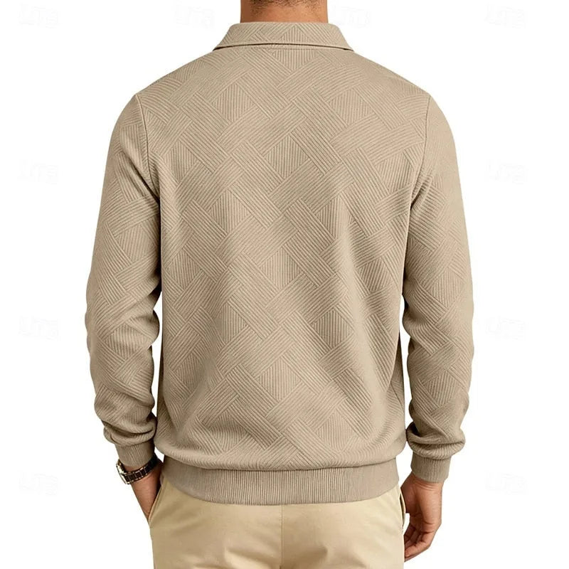 Back view of the khaki textured pullover showing the collar, raglan seams and ribbed hem