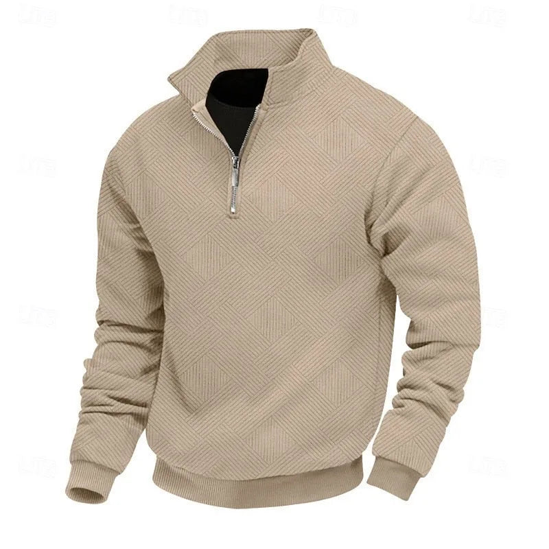 Side profile of the quarter-zip jumper on a plain background, showing the ribbed cuffs and collar shape