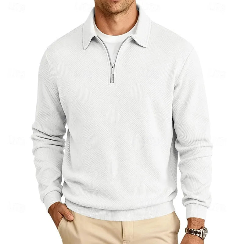 White textured quarter-zip pullover with polo collar, worn open over a white t-shirt