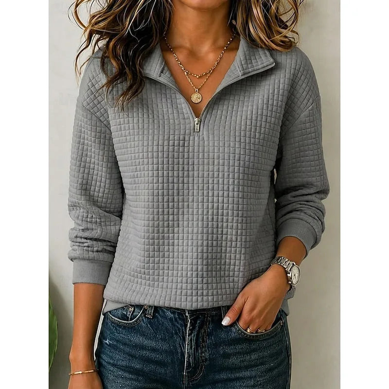 Close-up of the waffle-textured knit fabric and metal zip pull on the quarter-zip collar