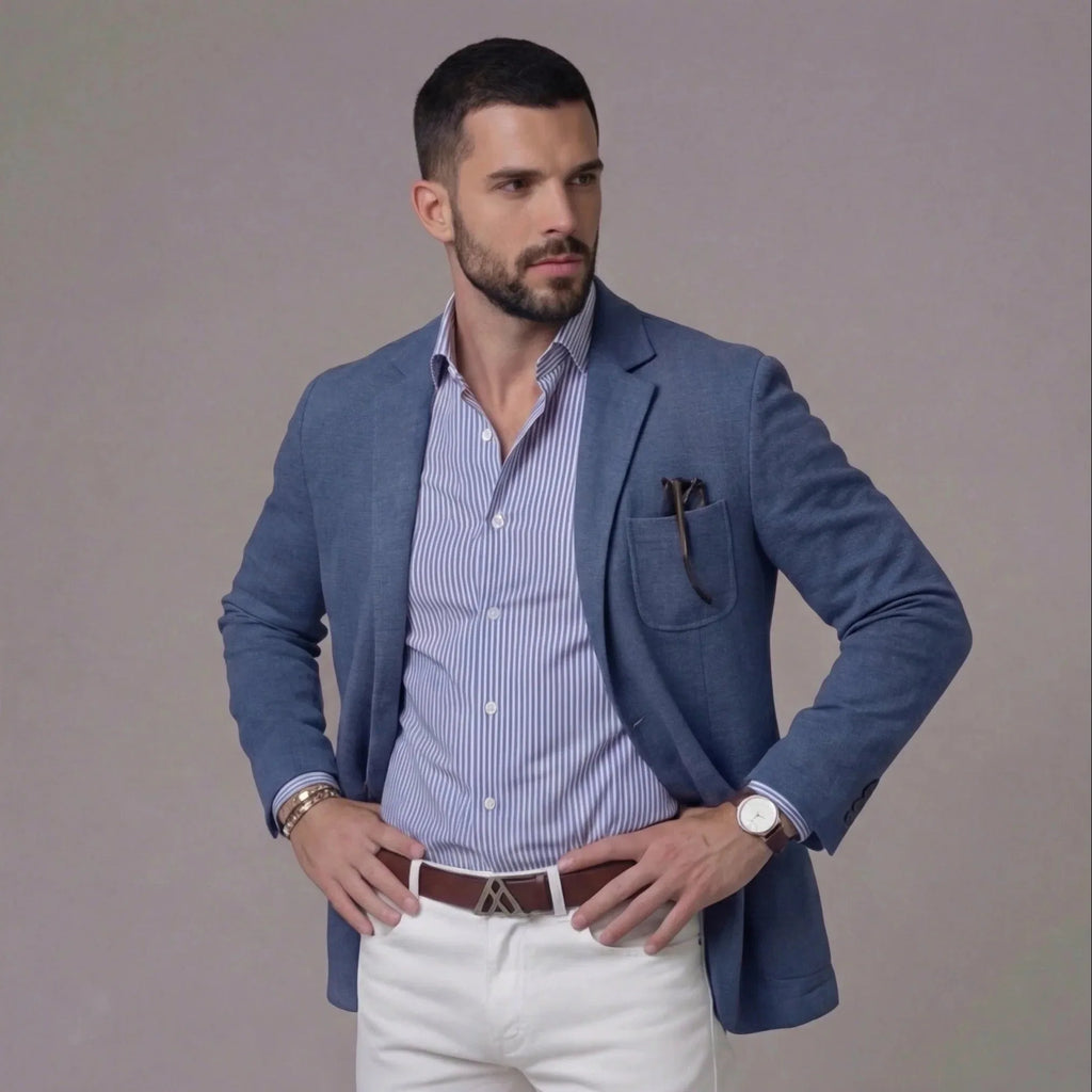 Side angle of man standing with hands on hips wearing a blue textured blazer and striped shirt