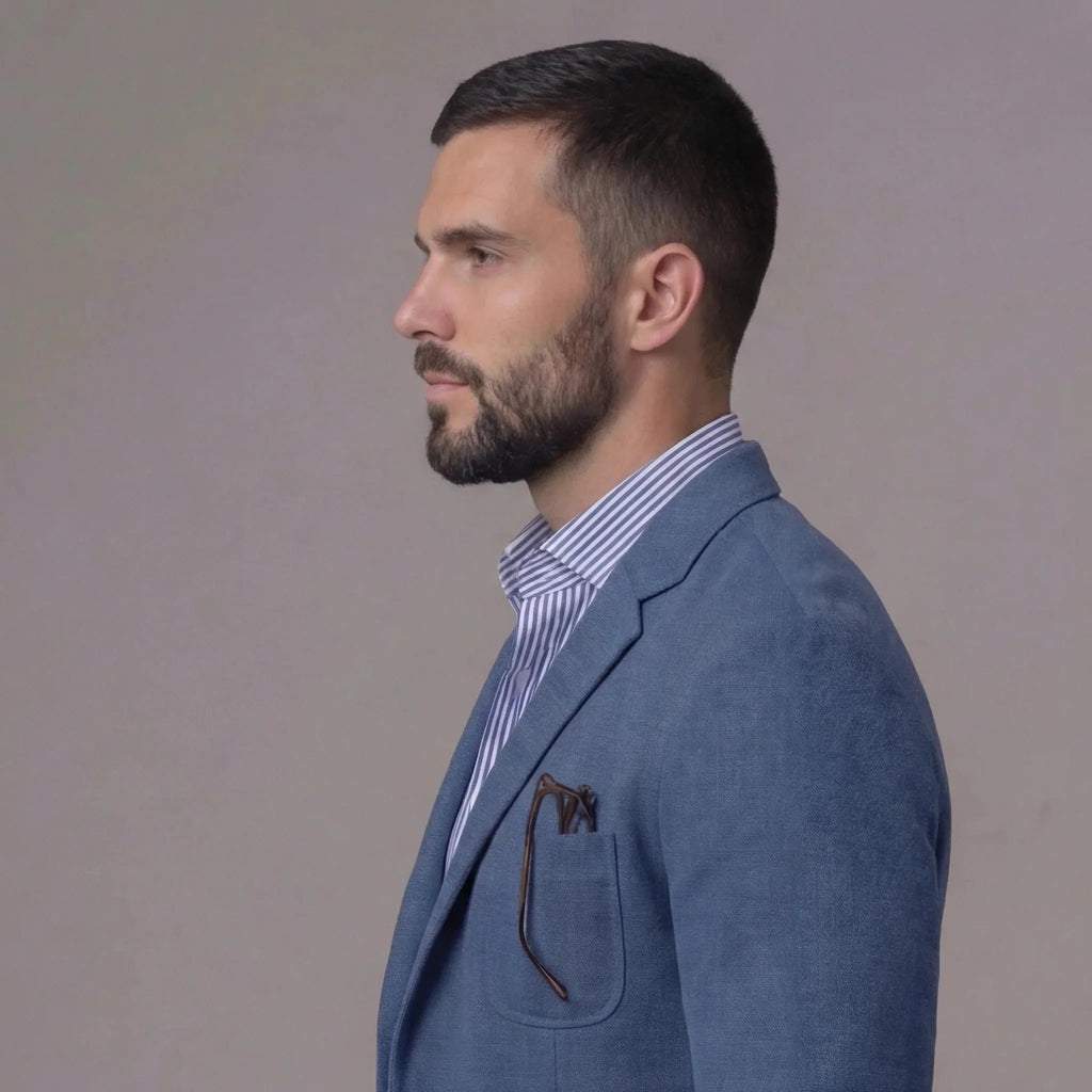 Profile view highlighting the notch lapel and patch chest pocket of the blue textured blazer
