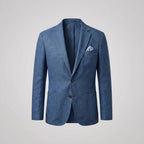 Flat lay front view of the blue textured blazer with a pocket square in the welt pocket