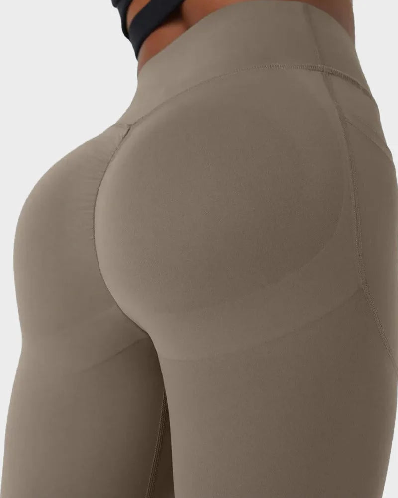 Close-up back view of the seamed, scrunch-effect fabric over the seat area for a lifted look