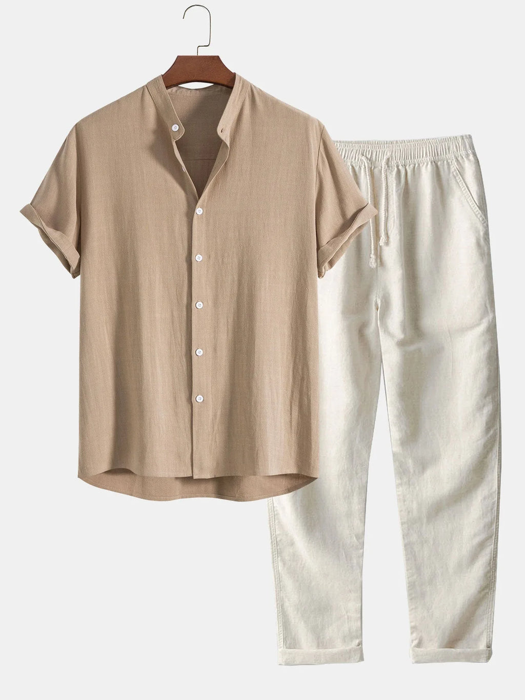Beige short-sleeve shirt with stand collar and cream trousers, matching two-piece set on hanger