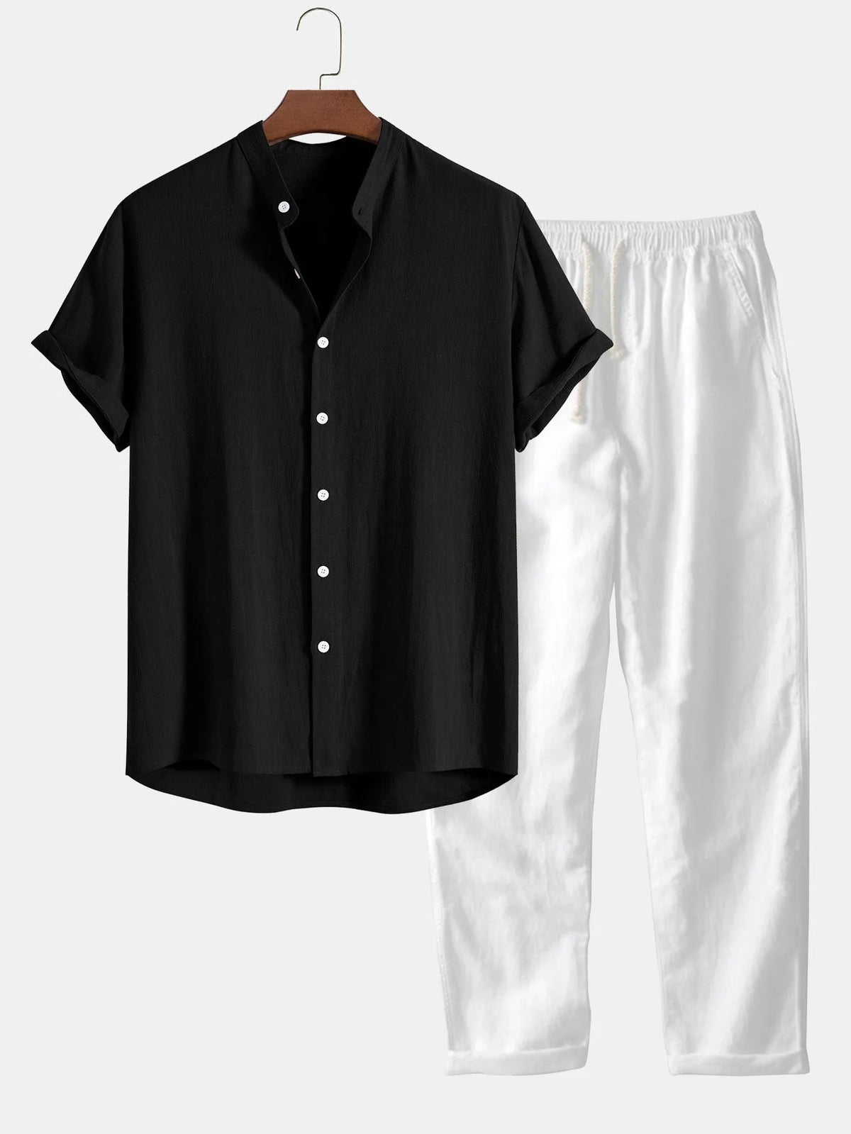 Black stand-collar shirt paired with white drawstring trousers, coordinated two-piece set