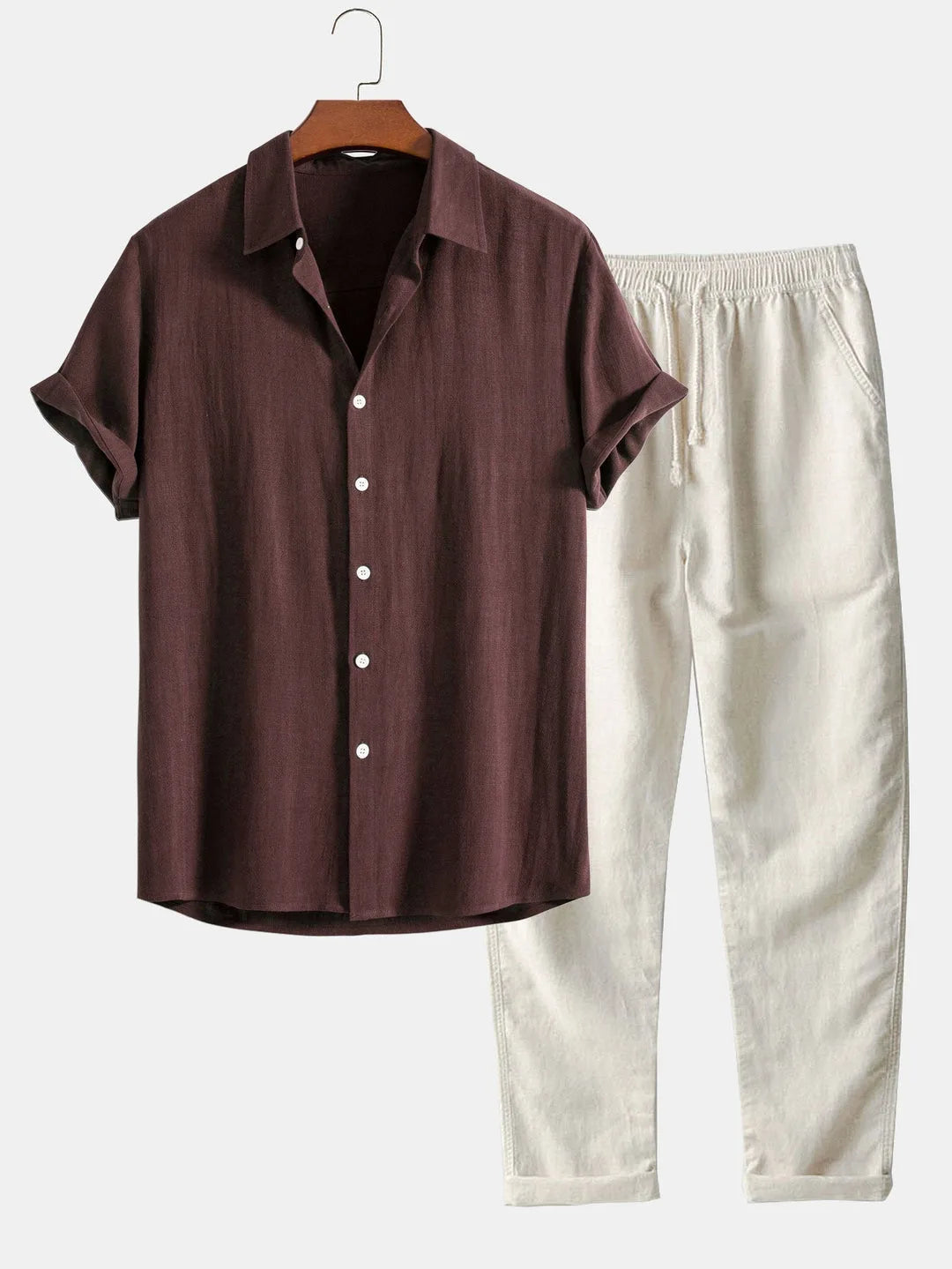 Dark brown short-sleeve shirt with classic collar and cream trousers, matching set on hanger