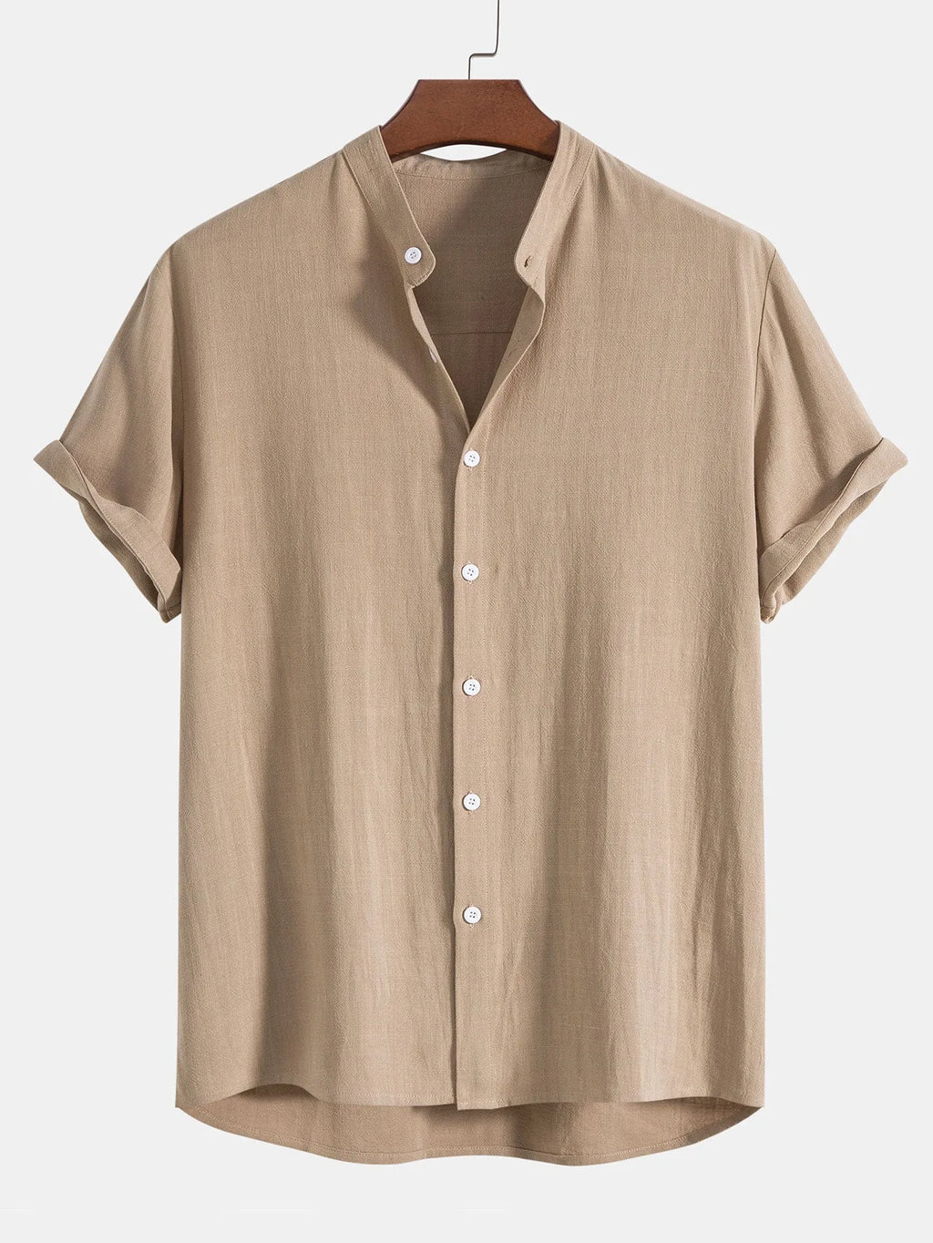 Beige stand-collar shirt with button placket, front view laid flat