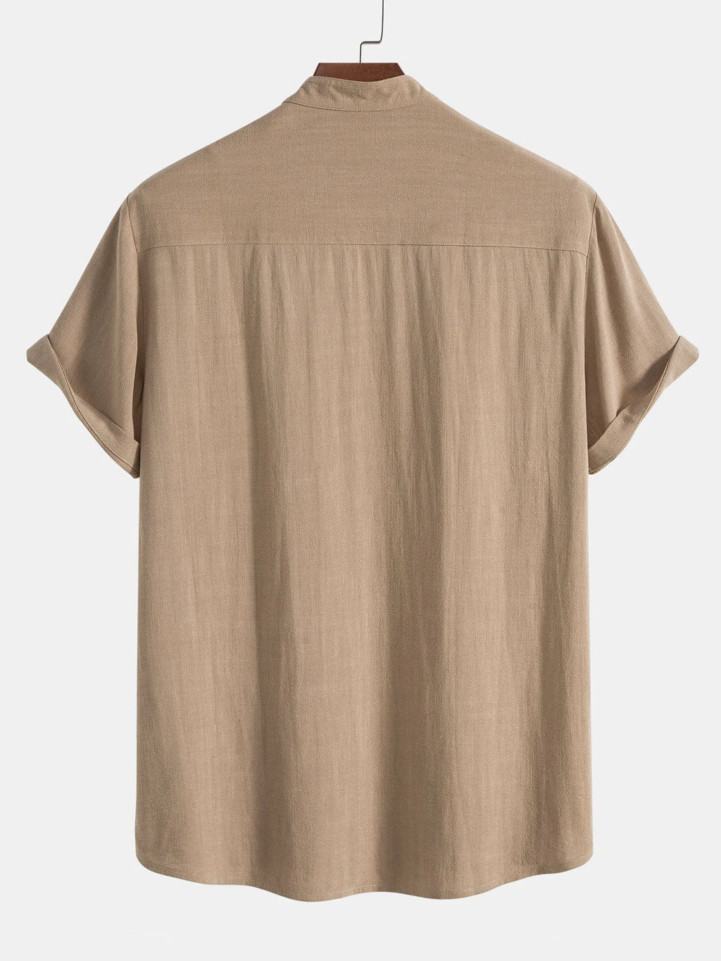 Reverse view of beige stand-collar shirt showing back yoke and rolled sleeve cuffs