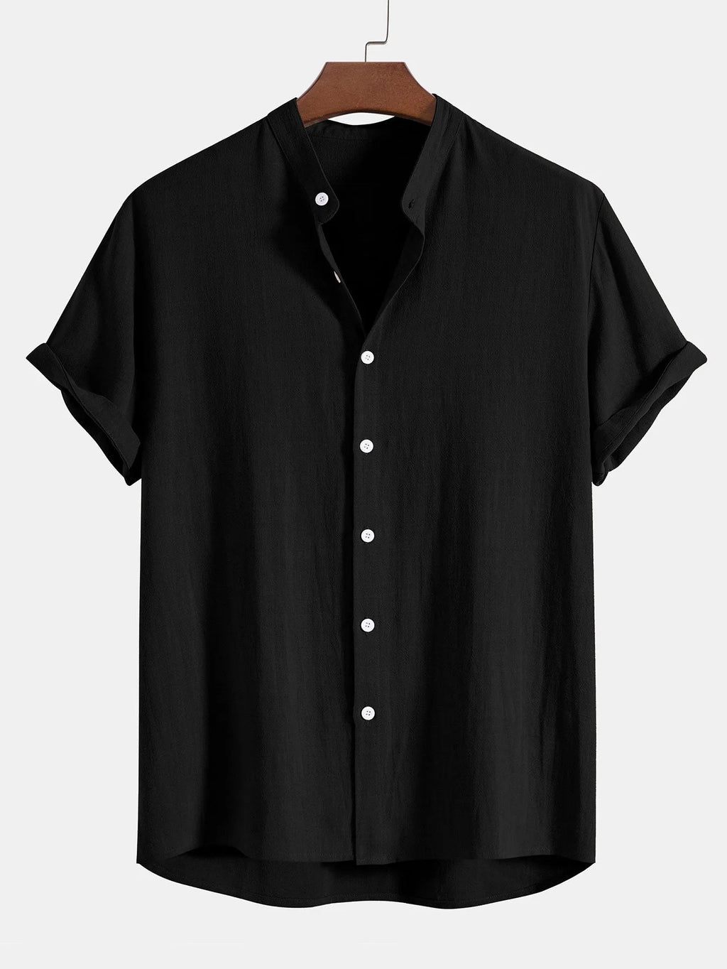 Black stand-collar shirt with button placket, front view laid flat on hanger