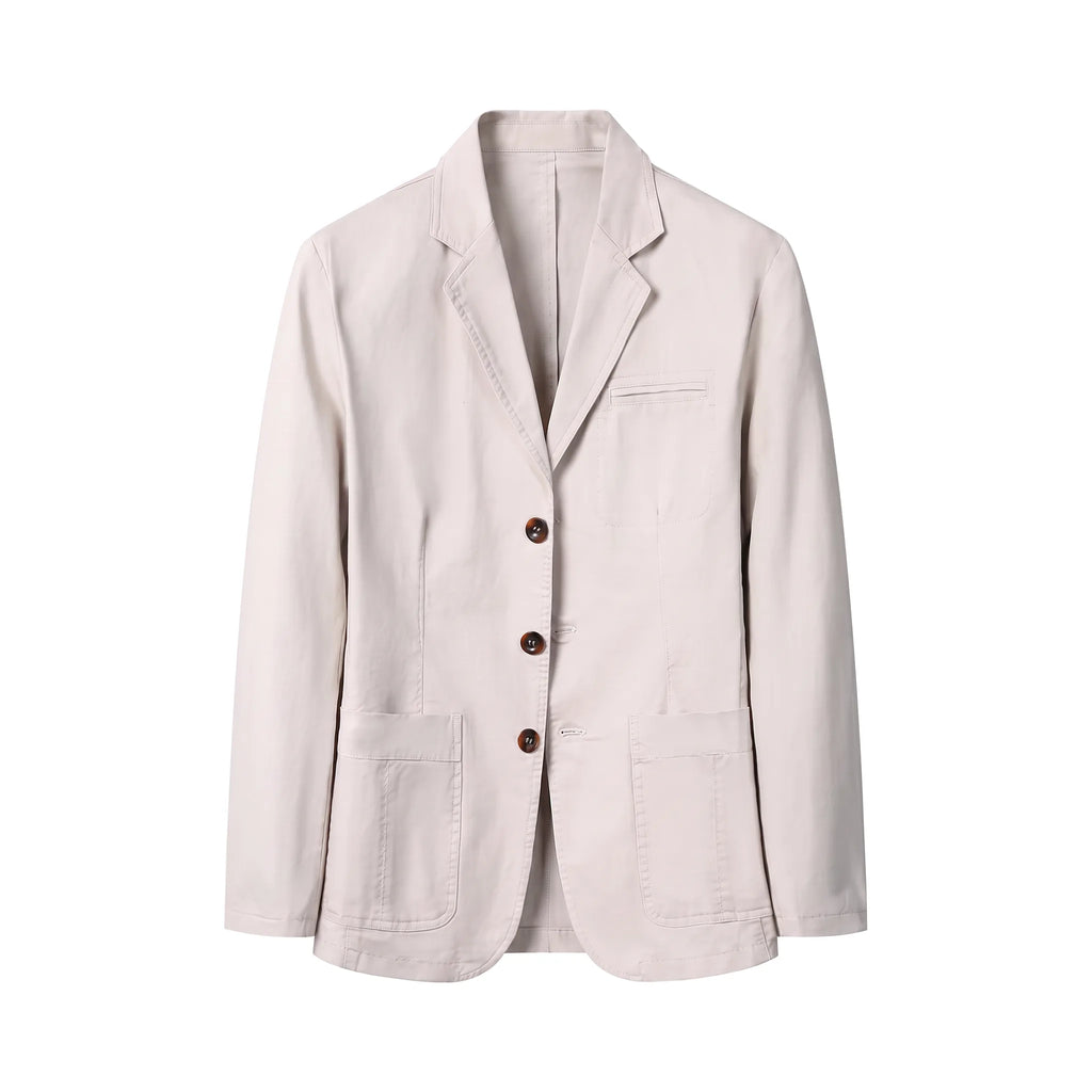 Front view of an unstructured beige cotton blazer with notch lapel and three brown buttons, laid flat