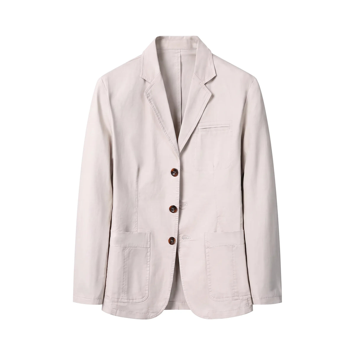 Front view of an unstructured beige cotton blazer with notch lapel and three brown buttons, laid flat