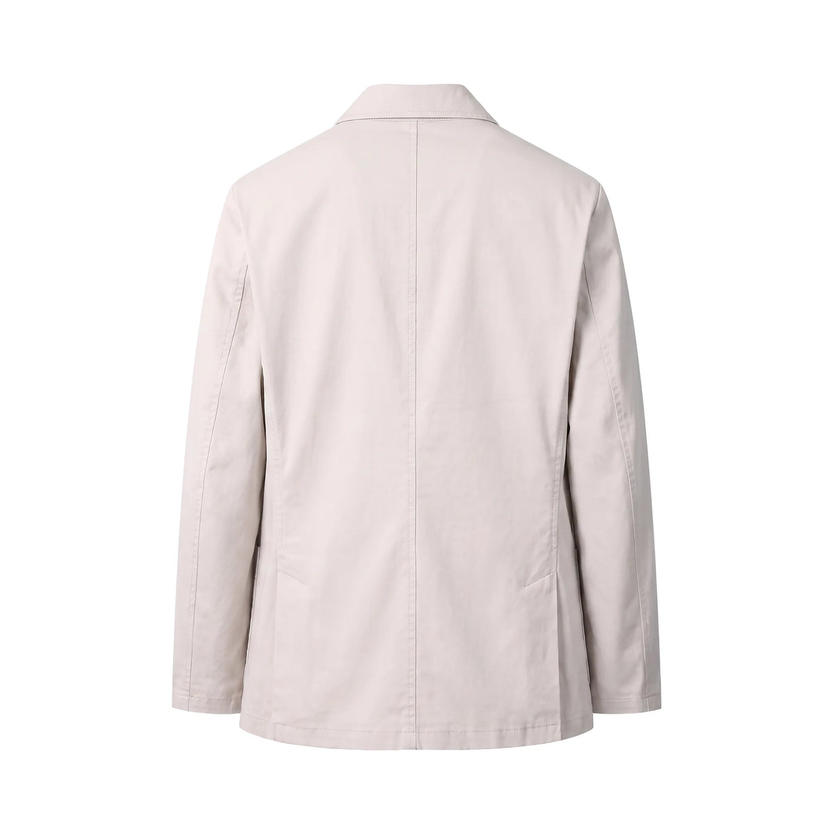 Back view of the beige cotton blazer showing the clean seam detailing and soft shoulder