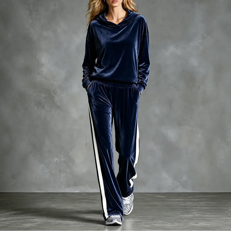 Women's Hooded Velour Tracksuit Set with Wide-Leg Trousers image 16