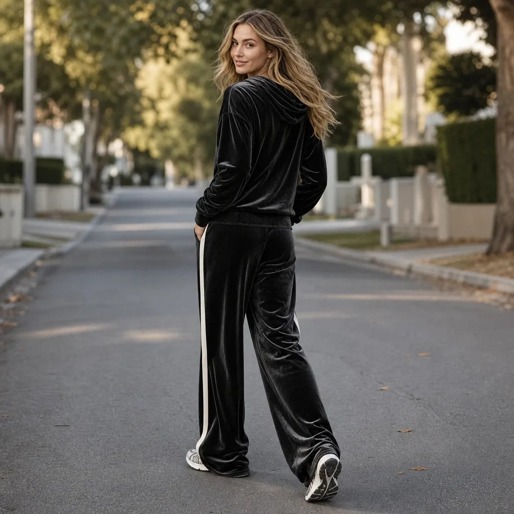 Back view of the black velour hoodie and trousers showing the cream side stripe running down the leg