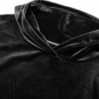 Flat lay close-up of the velour hood fabric showing its soft plush texture and drawstring-free construction