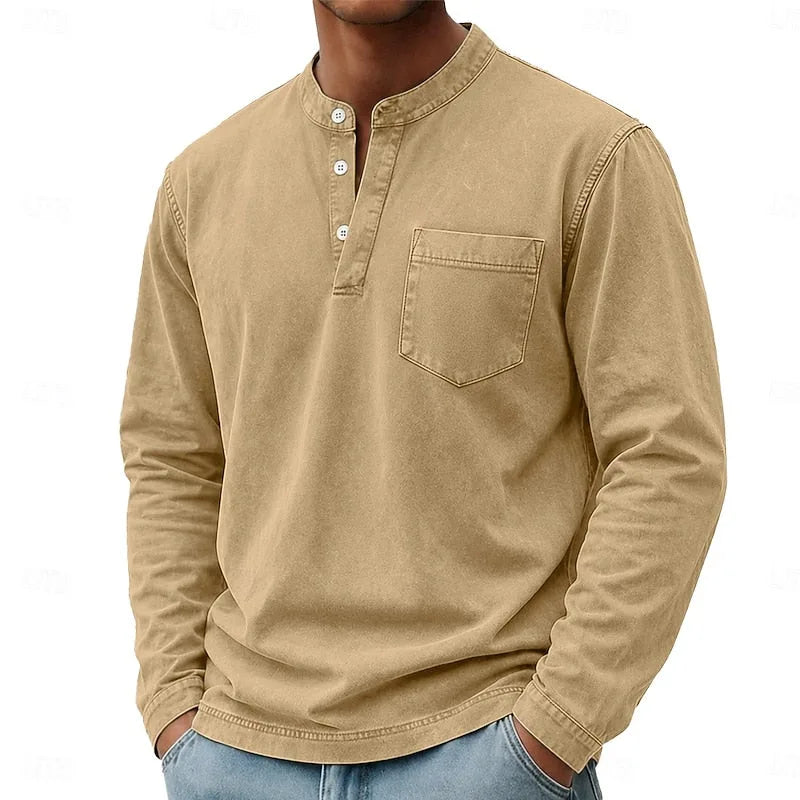 Front angled shot of the purple henley shirt paired with denim trousers