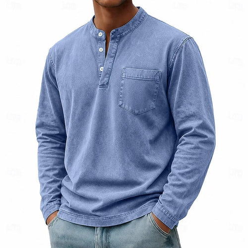 Close-up front view of a light blue washed henley shirt showing button placket and stand collar