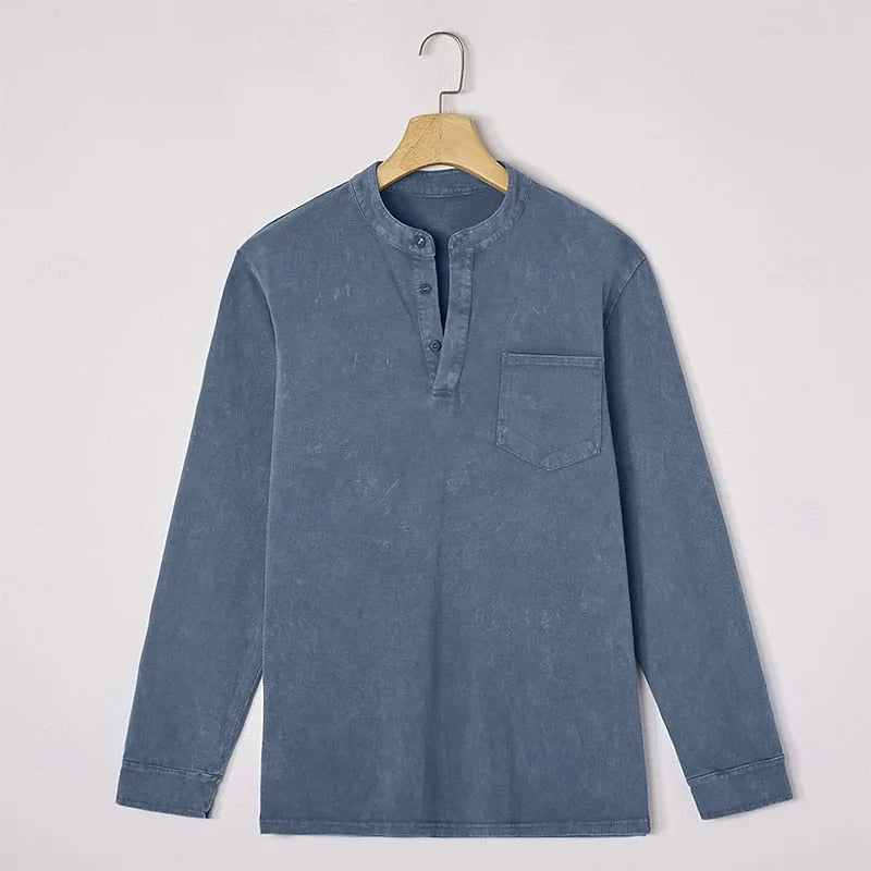 Front view of the purple henley shirt showing relaxed fit through the shoulders and chest
