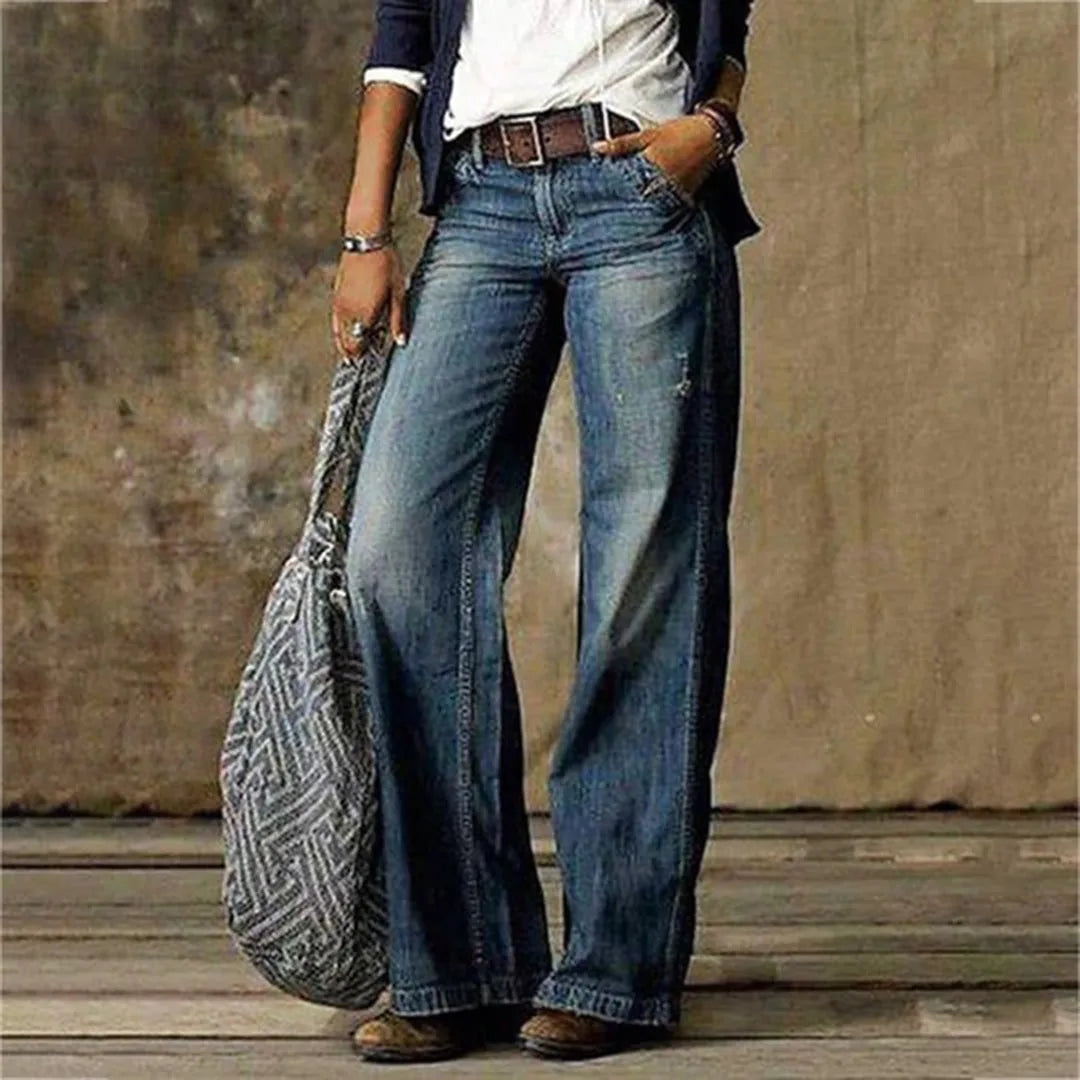 Close-up of the blue wash wide-leg jeans showing the denim texture and relaxed leg silhouette